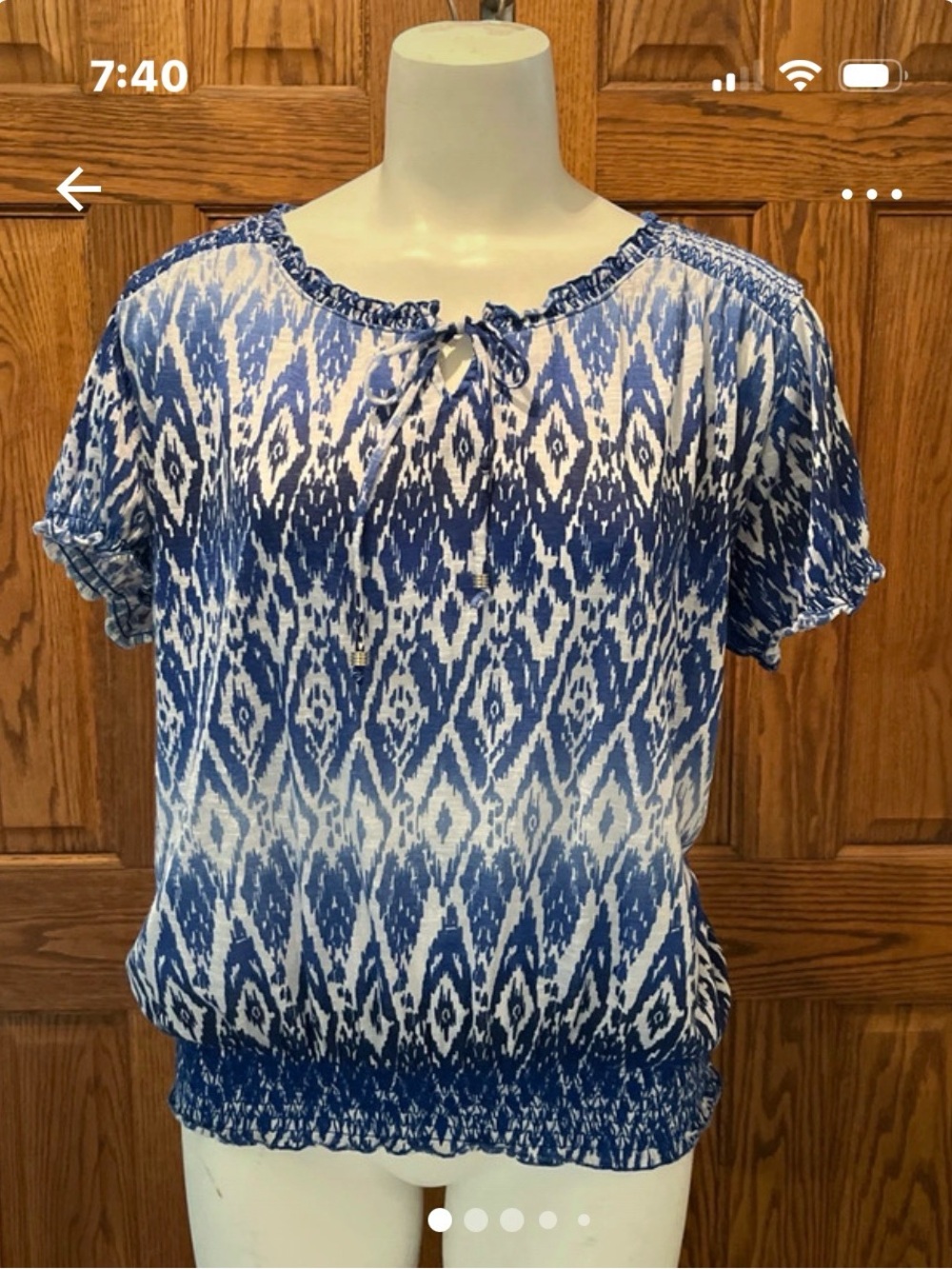 Faded Glory Blue and White Ikat Peasant Blouse XL